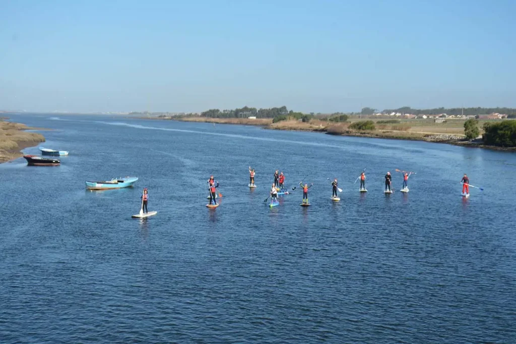 Drone shot at Agueda River of Stand Up Paddle class at Secret Surf School.
