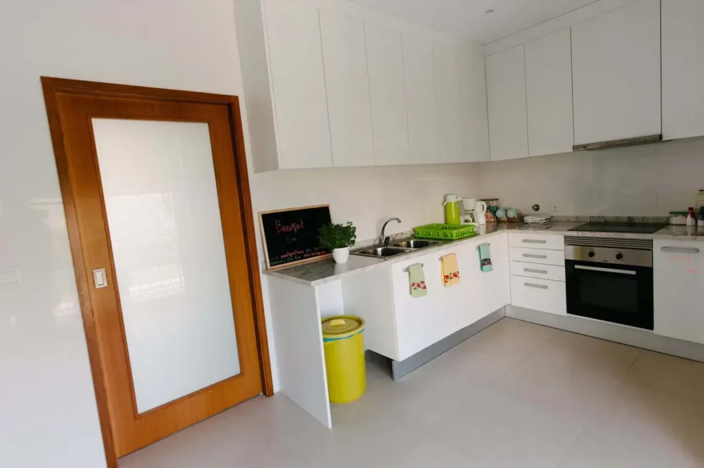 The white kitchen at the Secret Surf guest house.